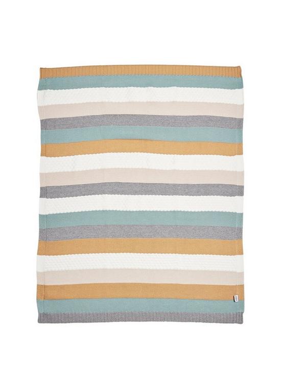 front image of mamas-papas-knitted-blanket-multi-stripe-blue