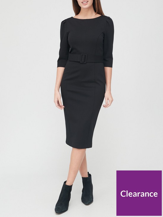 front image of v-by-very-ponte-belted-midi-dress-black