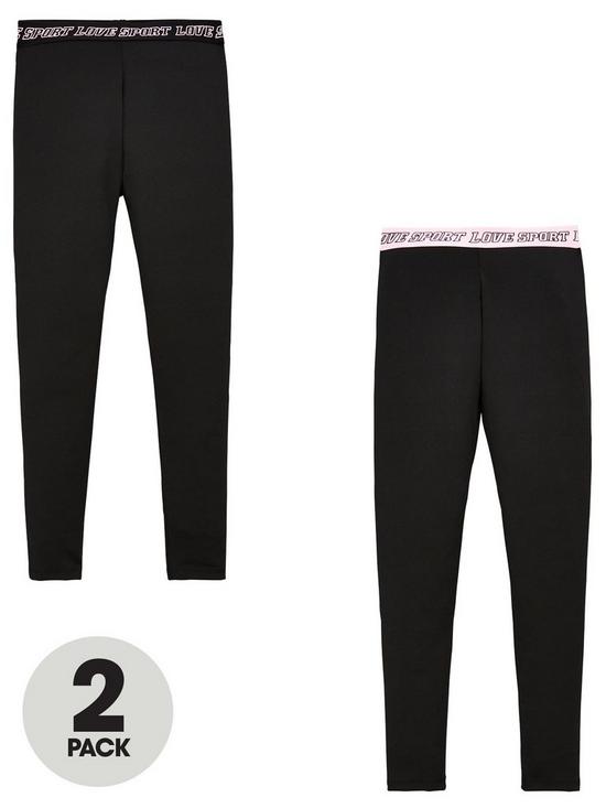 front image of v-by-very-girls-2-pack-printed-waistband-active-leggings-co-ord-black
