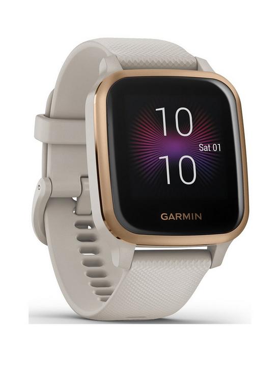 front image of garmin-venureg-sq-music-edition-gps-smartwatch-with-all-day-health-monitoring-rose-gold-with-light-sand-band