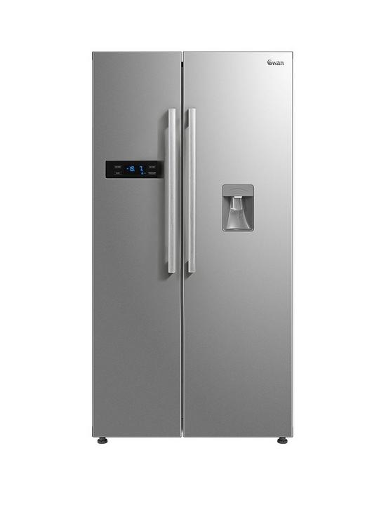 front image of swan-sr70111s-90cm-american-style-double-door-frost-free-fridge-freezer-with-water-dispenser-silver