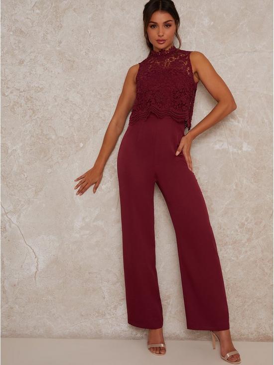 front image of chi-chi-london-sleeveless-high-neck-lacenbspjumpsuit-berry