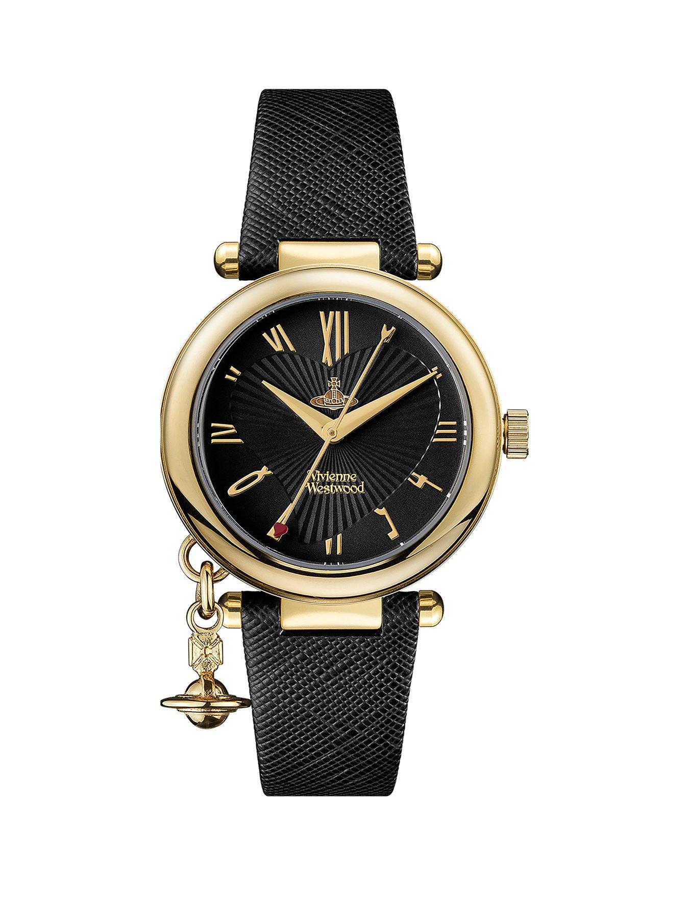 Image 1 of 4 of Vivienne Westwood Ladies&nbsp;Orb Heart Black and Gold Detail Charm Dial Black Leather Strap Watch