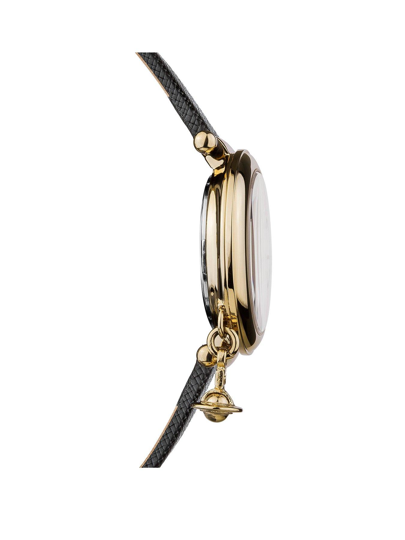 Image 2 of 4 of Vivienne Westwood Ladies&nbsp;Orb Heart Black and Gold Detail Charm Dial Black Leather Strap Watch