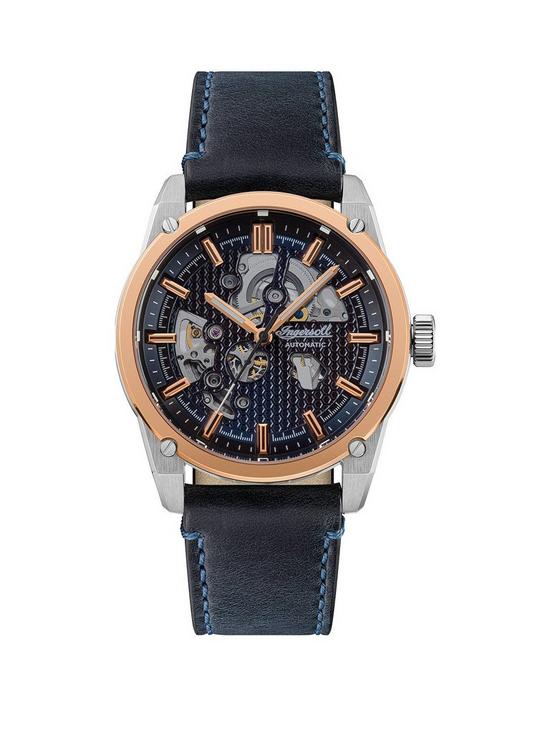 front image of ingersoll-the-carroll-silver-and-rose-gold-detail-skeleton-automatic-dial-black-leather-strap-watch