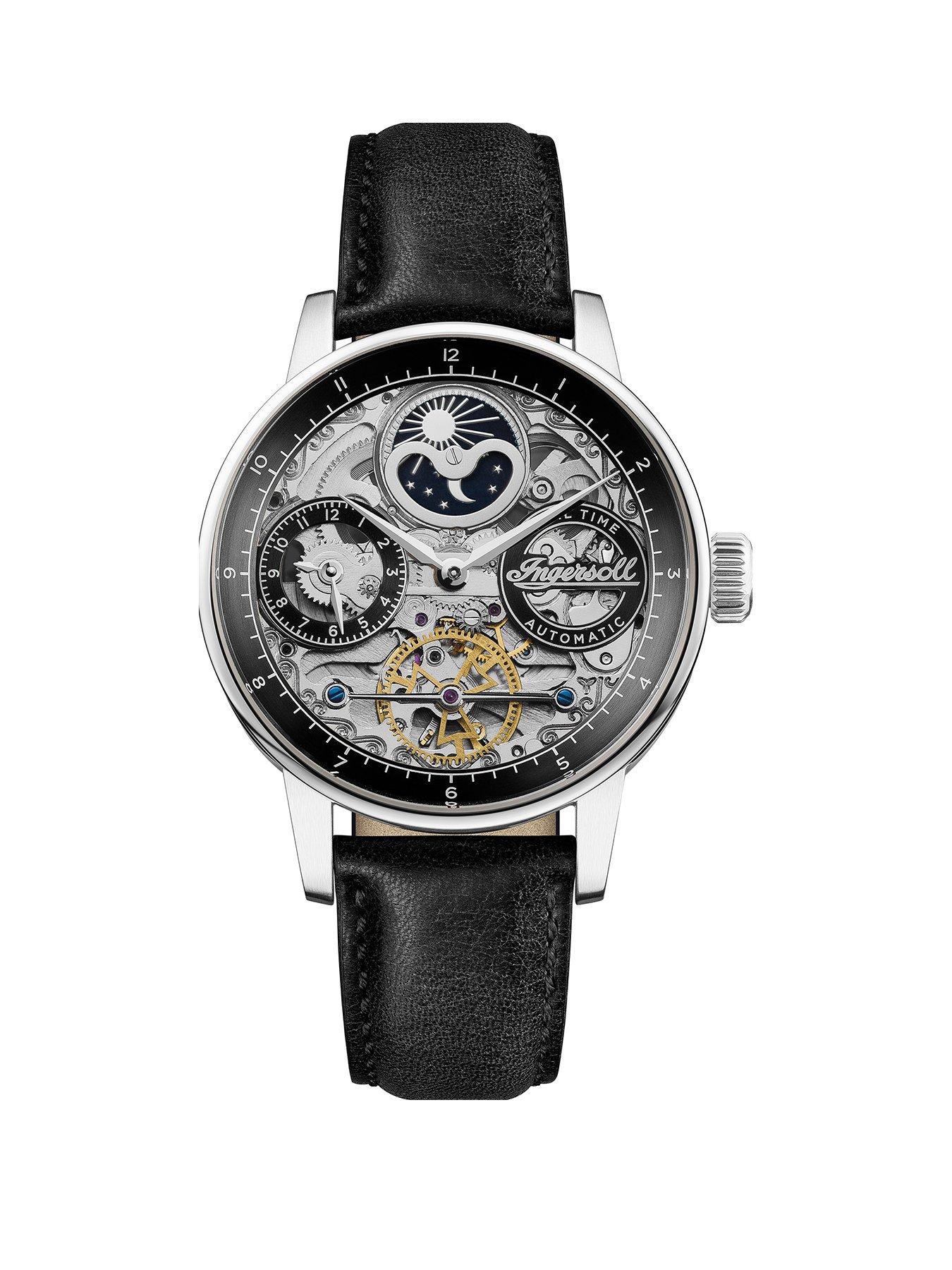 undefined The Jazz Silver Skeleton Moonphase Automatic Dial Black Leather Strap Watch