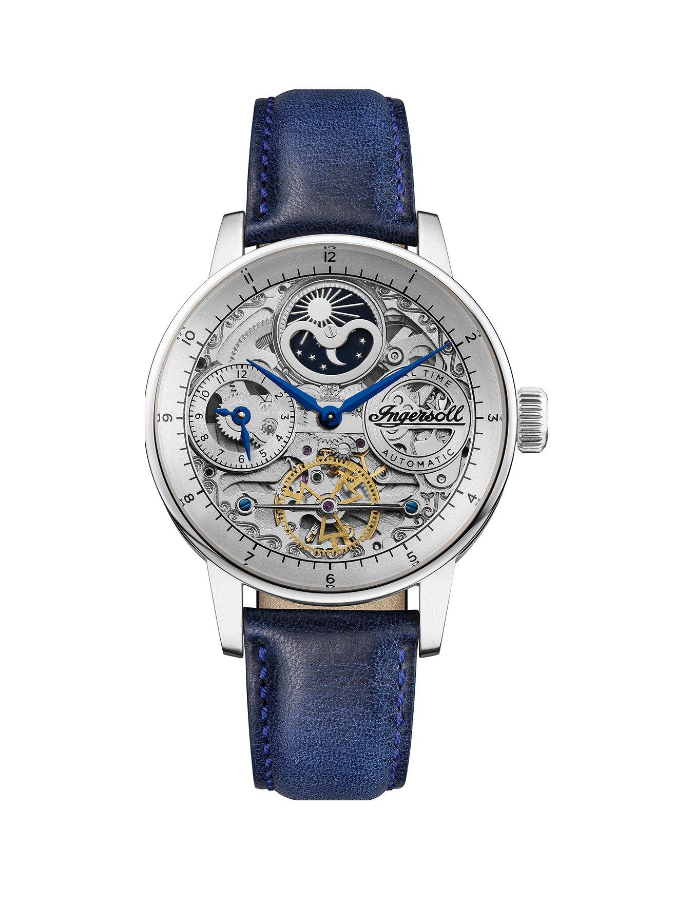  image of ingersoll-the-jazz-silver-skeleton-moonphase-automatic-dial-blue-leather-strap-watch