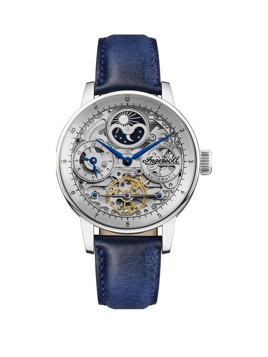 front image of ingersoll-the-jazz-silver-skeleton-moonphase-automatic-dial-blue-leather-strap-watch