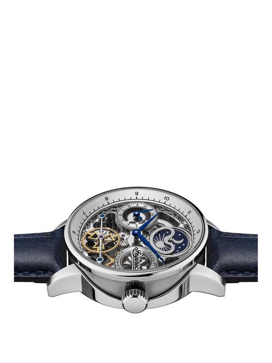 stillFront image of ingersoll-the-jazz-silver-skeleton-moonphase-automatic-dial-blue-leather-strap-watch