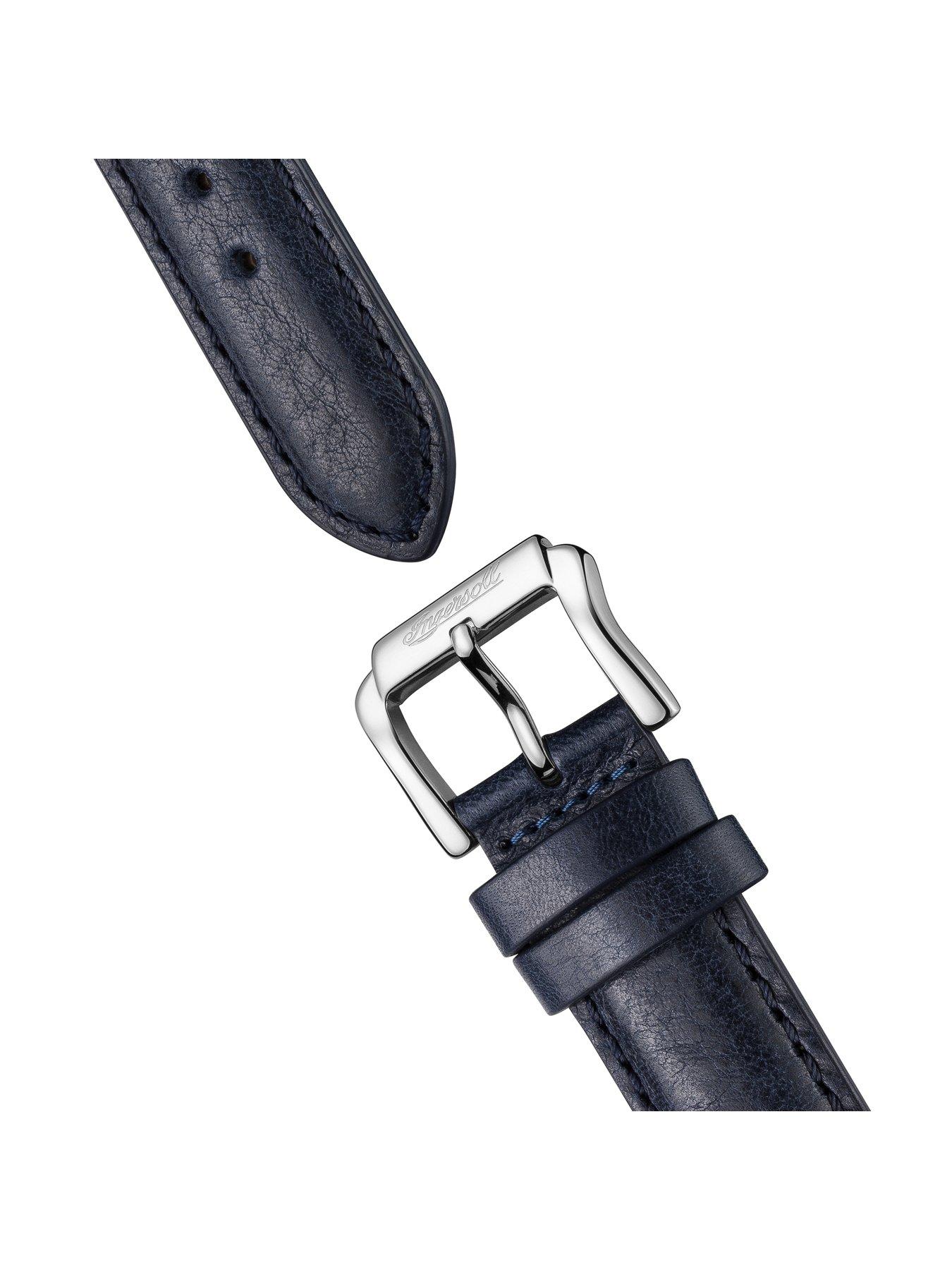  image of ingersoll-the-jazz-silver-skeleton-moonphase-automatic-dial-blue-leather-strap-watch