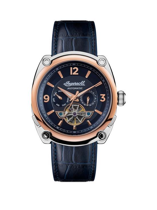 front image of ingersoll-the-michigan-blue-and-rose-gold-detail-automatic-dial-blue-leather-strap-watch
