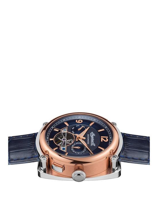 stillFront image of ingersoll-the-michigan-blue-and-rose-gold-detail-automatic-dial-blue-leather-strap-watch