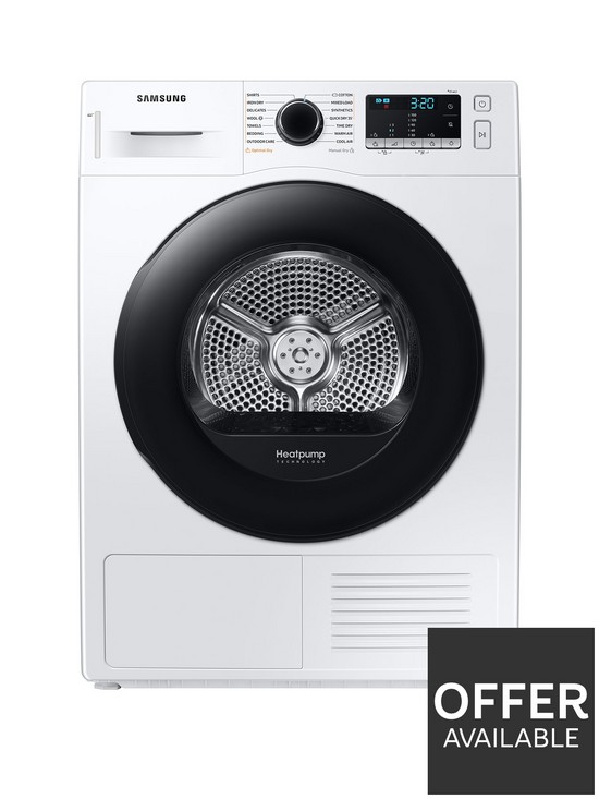 front image of samsung-series-5-dv80ta020aeeu-optimaldrytrade-heat-pump-tumble-dryer-8kg-load-a-rated-white