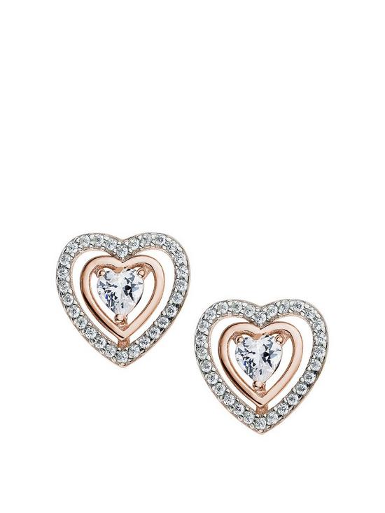 front image of the-love-silver-collection-rose-gold-and-rhodium-plated-sterling-silver-white-cubic-zirconia-heart-stud-earrings