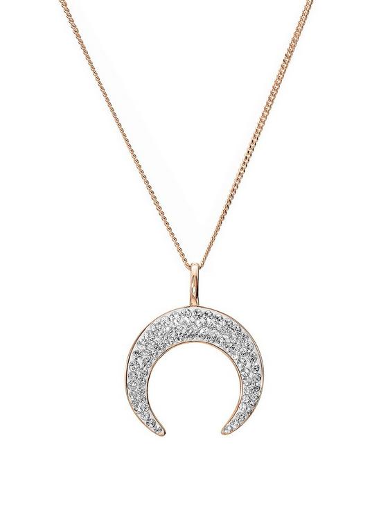 front image of evoke-rose-gold-plated-sterling-silver-clear-swarovski-crystal-crescent-moon-pendant