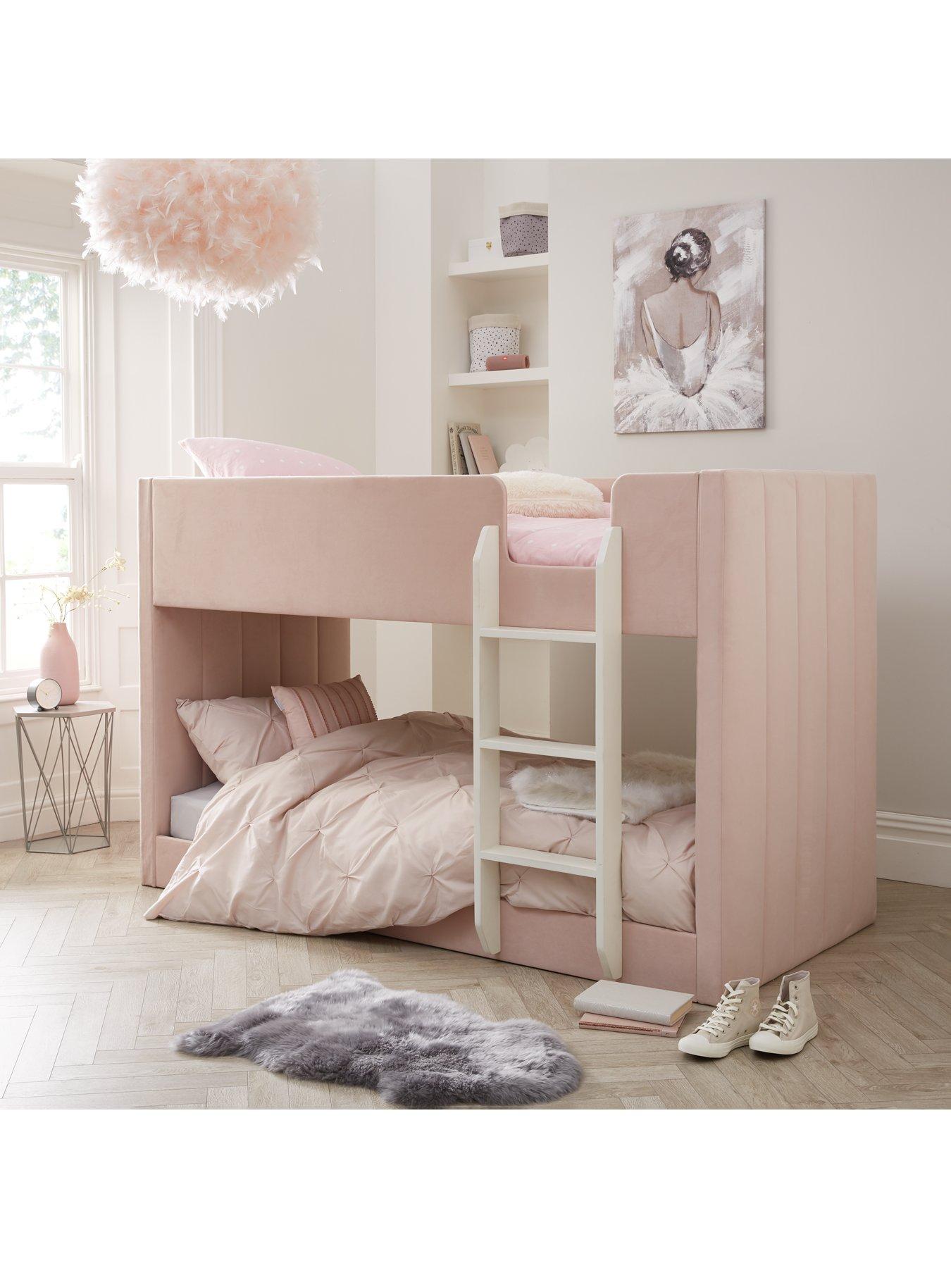 Panelled Velvet Bunk Bed with Mattress Options (Buy and SAVE!) Pink