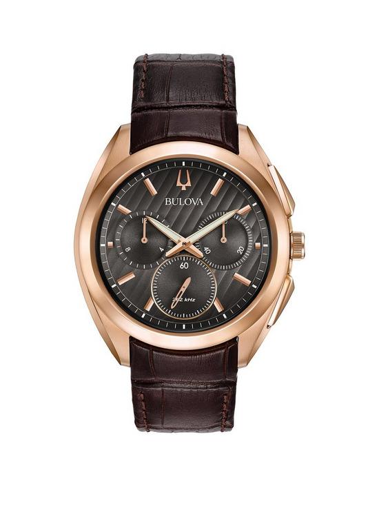 front image of bulova-curv-black-and-rose-gold-chronograph-dial-brown-leather-strap-mens-watch