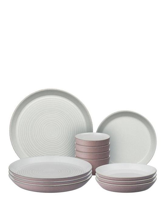 front image of denby-impression-pink-12-piece-dinnerware-set