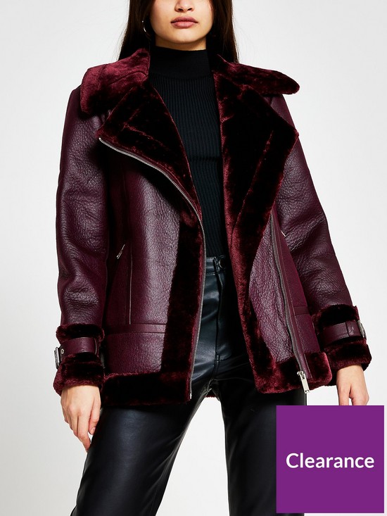 front image of river-island-shearling-aviator-jacket-dark-red