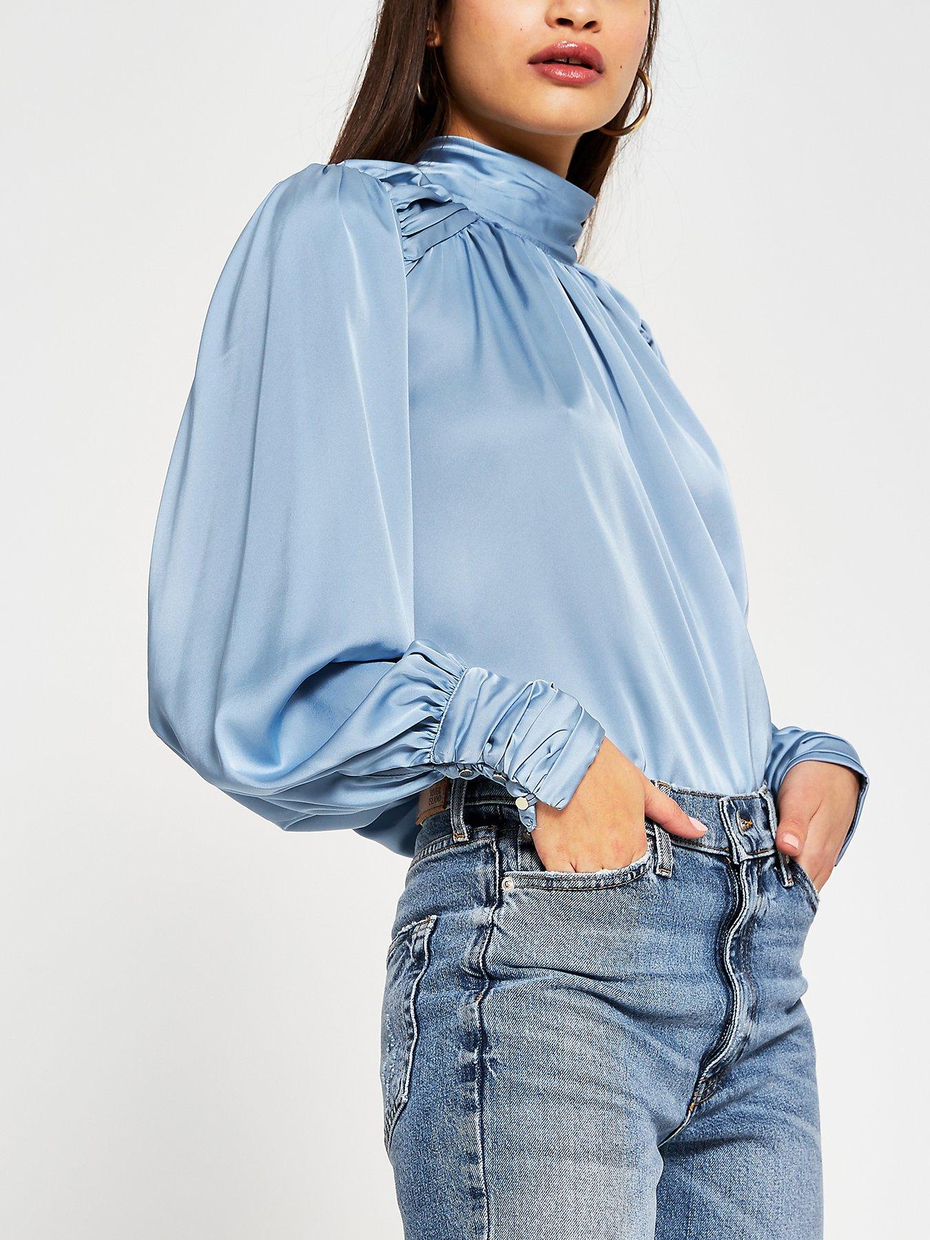 blue high neck blouse