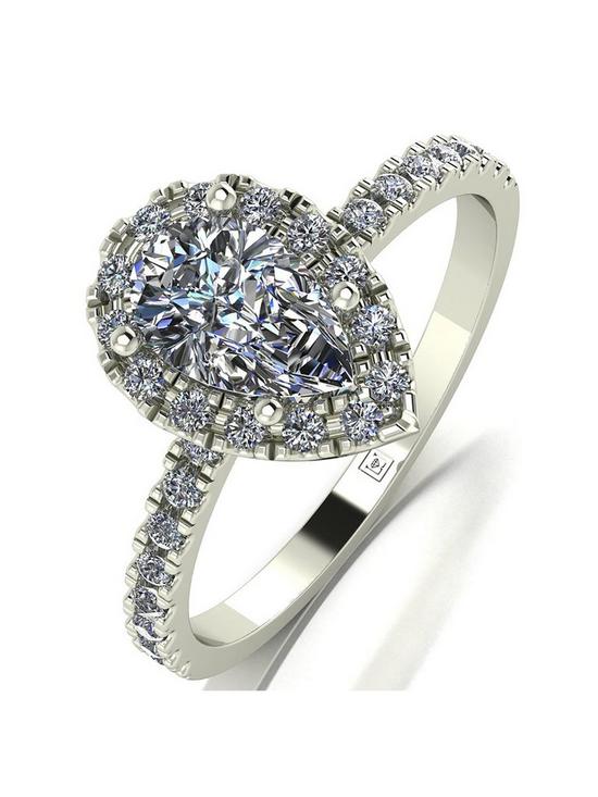 front image of moissanite-9ct-white-gold-140ct-equivalent-total-cushion-pear-centre-halo-ring