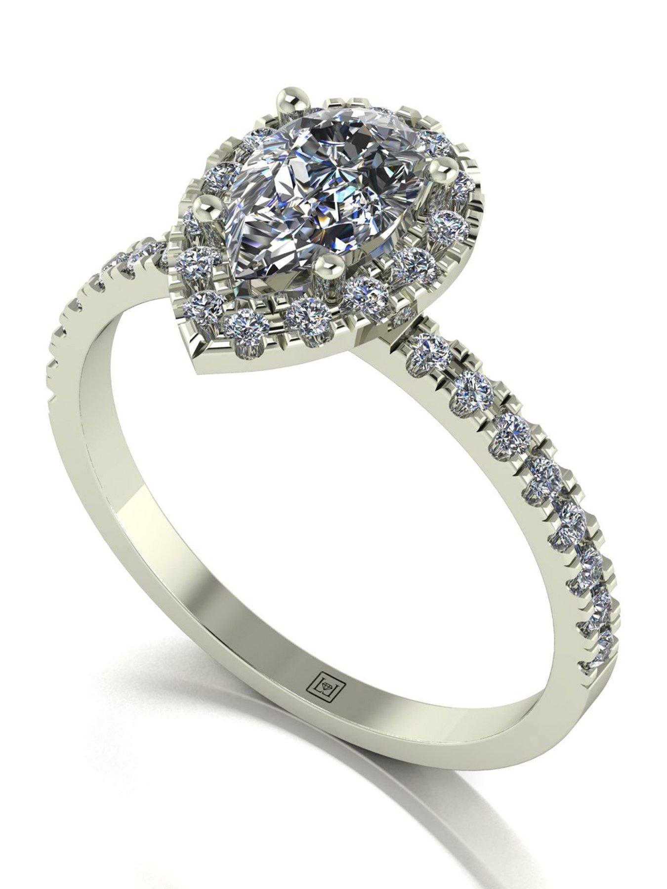 Moissanite 9ct White Gold 1.40ct Equivalent Total Cushion Pear Centre Halo Ring
