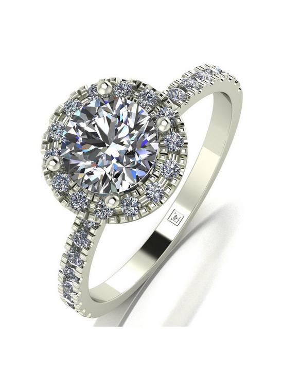 front image of moissanite-9ct-white-gold-140ct-equivalent-total-cushion-centre-halo-ring