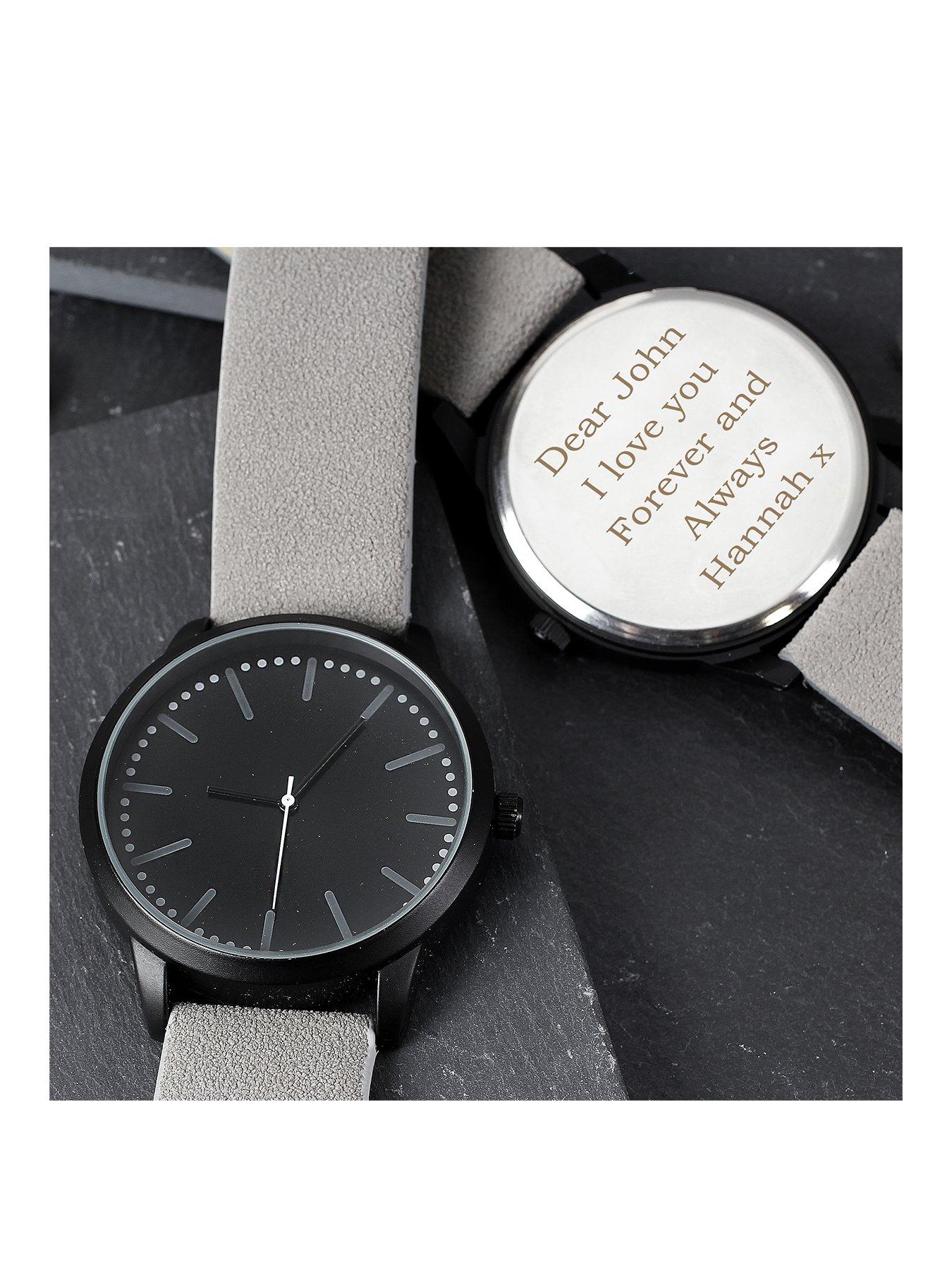 The Personalised Memento Company Personalised Mens Matte Black Watch with Grey Strap littlewoods
