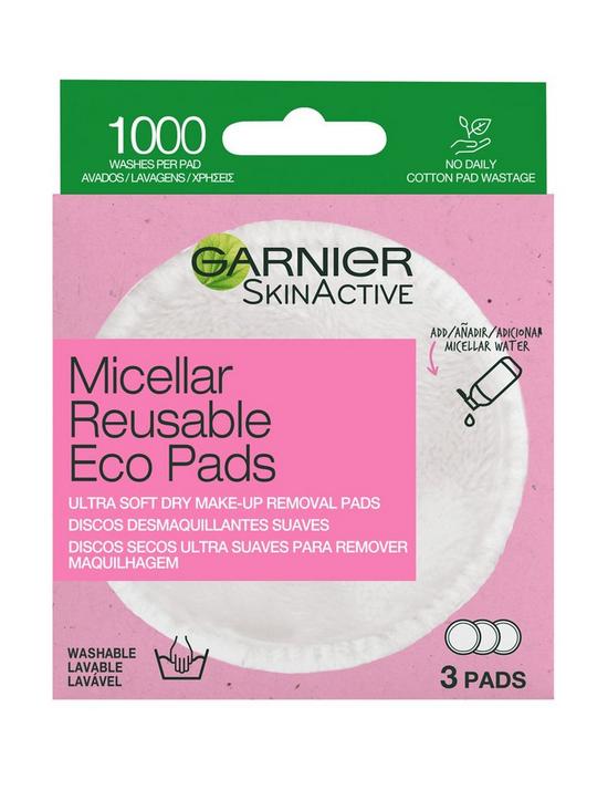 front image of garnier-micellar-reusable-make-up-remover-eco-pads-3-micro-fibre-pads