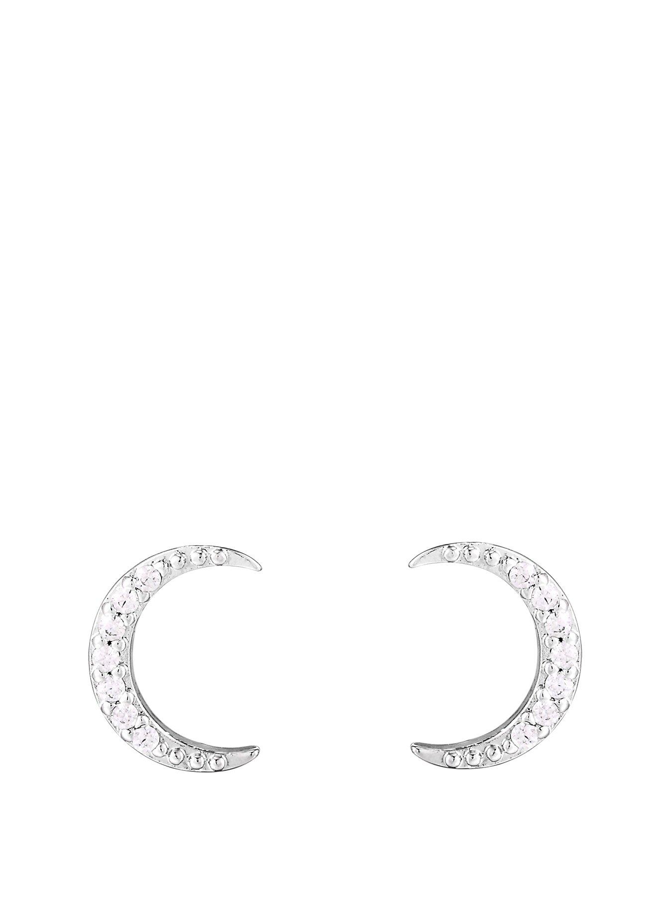 undefined Sterling Silver Cubic Zirconia Moon Stud Earrings