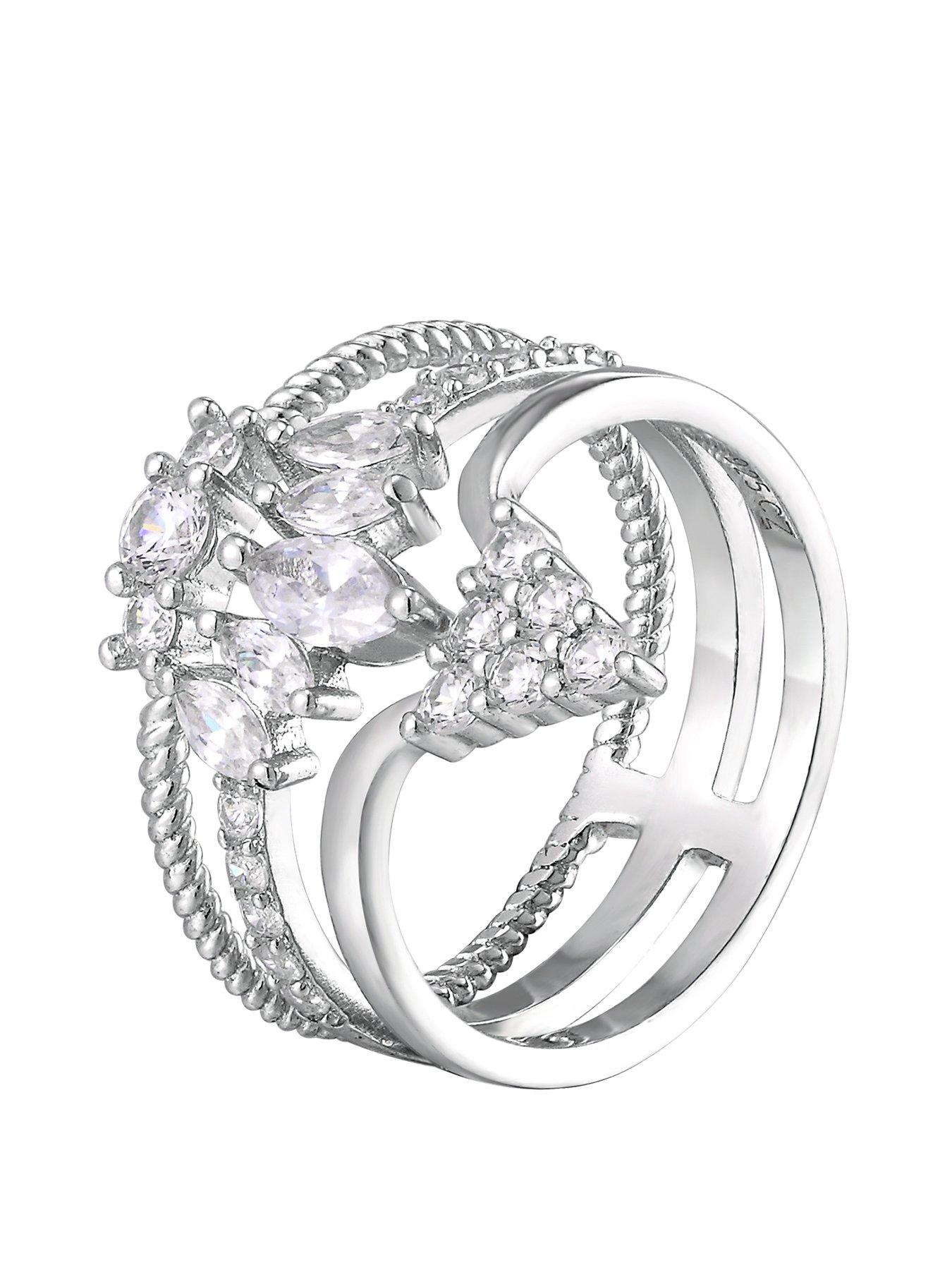 undefined Sterling Silver Cubic Zirconia Crown Shape Triple Stack Cocktail Ring