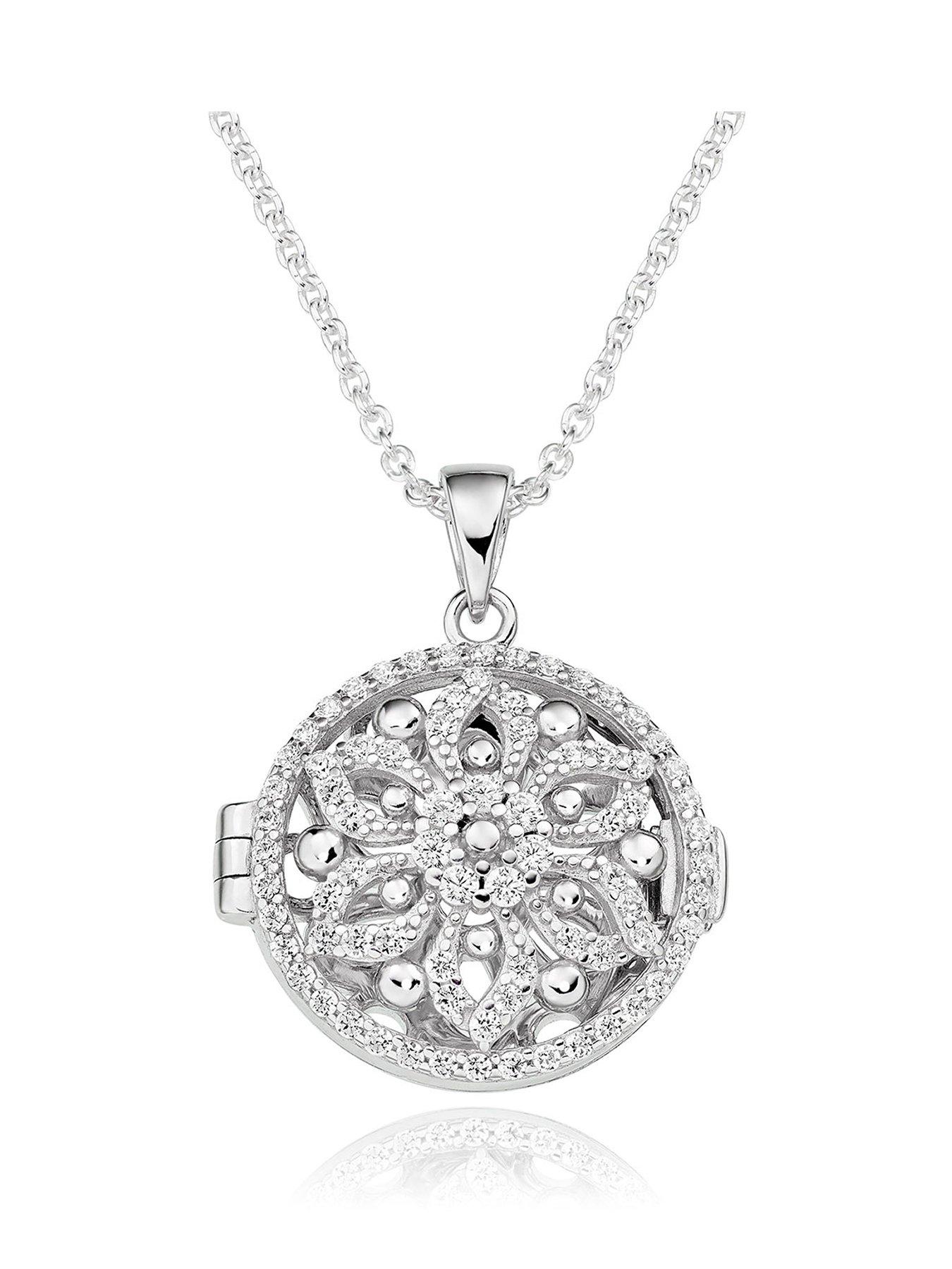  image of beaverbrooks-silver-cubic-zirconia-flower-locket-pendant