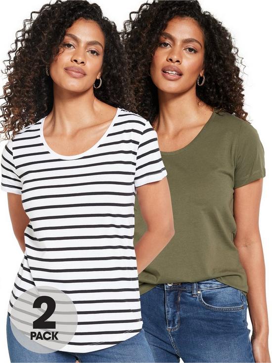 front image of everyday-2-pack-scoop-neck-t-shirt-khakistripe