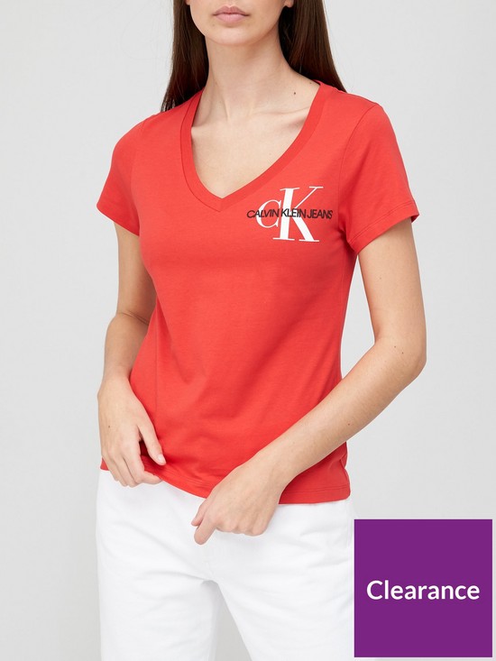 front image of calvin-klein-jeans-short-sleevenbspv-neck-monogram-t-shirt-red