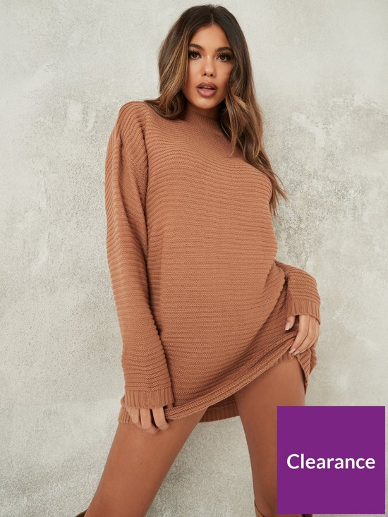front image of missguided-high-neck-ribbed-dress-brown