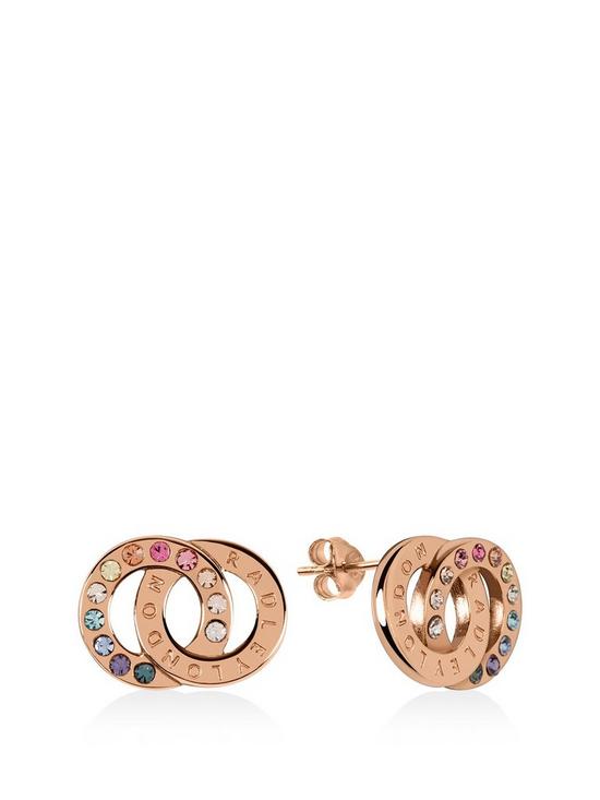 front image of radley-rose-gold-plated-sterling-silver-rainbow-crystal-double-hoop-stud-ladies-earrings