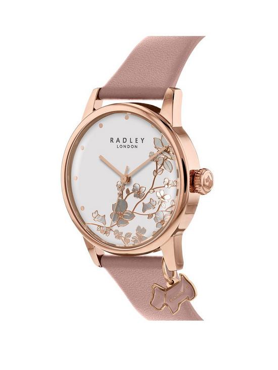 stillFront image of radley-botanical-floral-white-and-rose-gold-dog-charm-dial-pink-leather-strap-ladies-watch