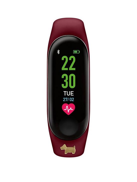 front image of radley-activity-tracker-with-gold-dog-charm-and-red-silicone-strap-ladies-watch
