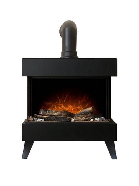 front image of adam-fires-fireplaces-viera-black-electric-stove-pipe