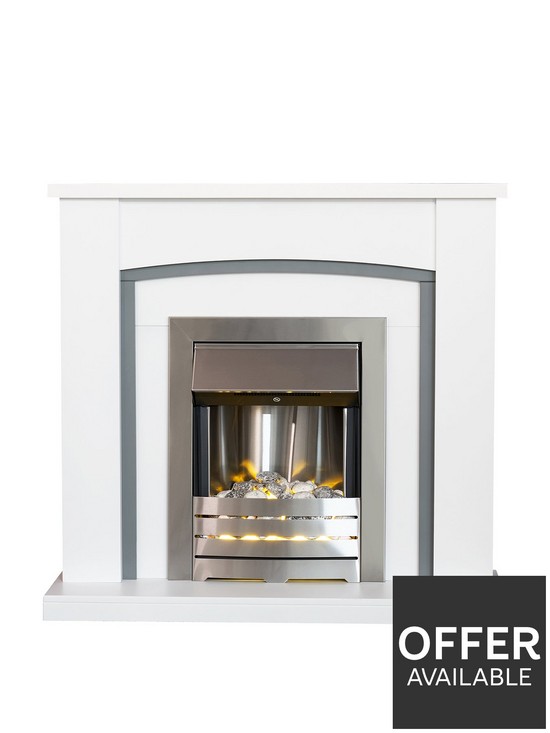 front image of adam-fires-fireplaces-chilton-white-grey-fireplace-with-helios-brushed-steel-electric-fire
