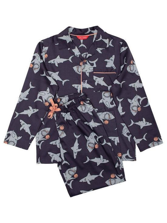 front image of minijammies-boys-thomas-shark-print-long-sleeve-pyjama-set-navy