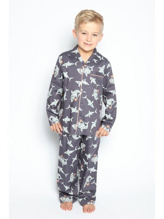 stillFront image of minijammies-boys-thomas-shark-print-long-sleeve-pyjama-set-navy