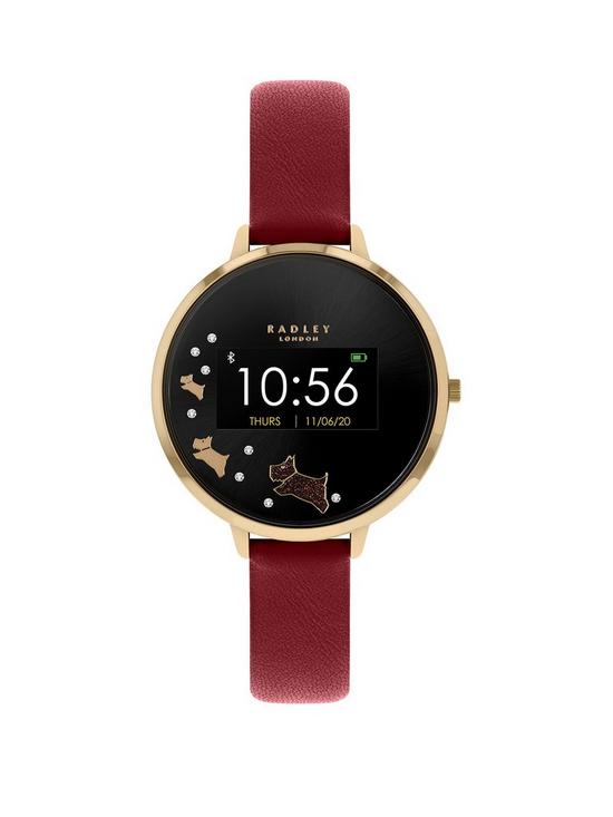 front image of radley-series-3-smart-watch-with-gold-dog-print-screen-and-dark-red-strap-ladies-watch