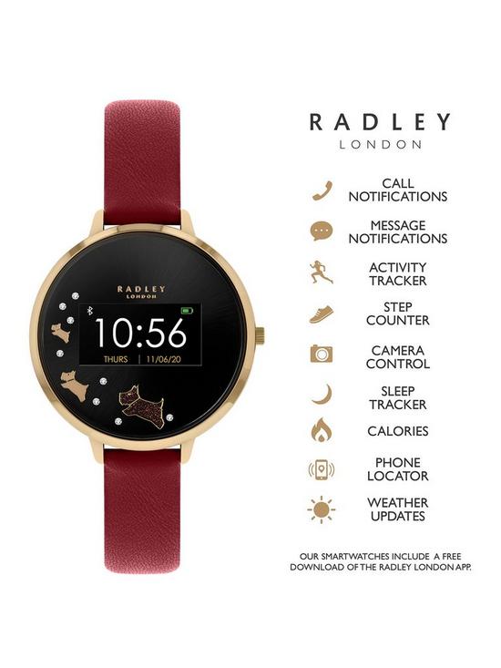 stillFront image of radley-series-3-smart-watch-with-gold-dog-print-screen-and-dark-red-strap-ladies-watch