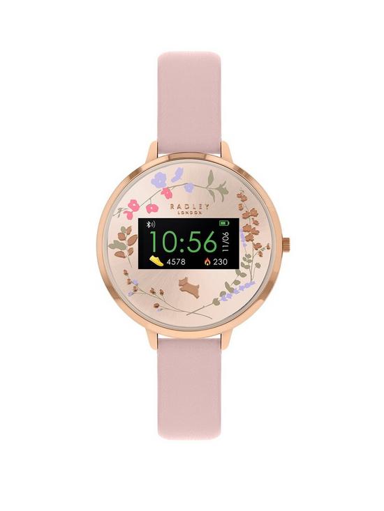 front image of radley-series-3-smart-watch-with-blush-floral-print-screen-and-pink-strap-ladies-watch