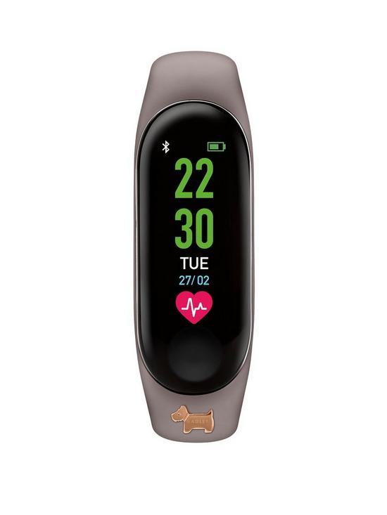 front image of radley-activity-tracker-with-grey-silicone-strap-and-rose-gold-dog-charm-ladies-watch