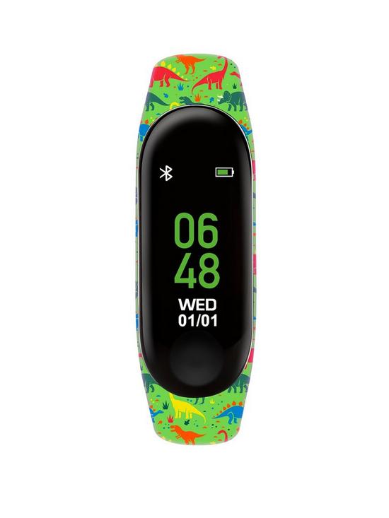 front image of tikkers-activity-tracker-digital-dial-green-dinosaur-print-silicone-strap-kids-watch