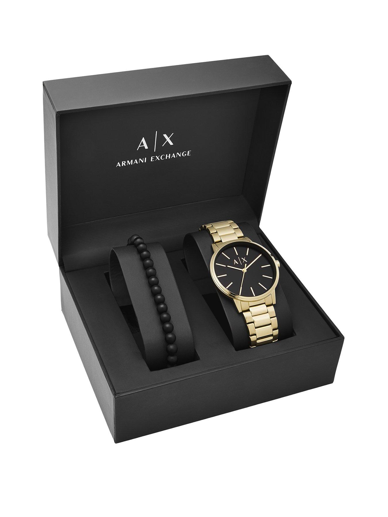 Armani Exchange Black Dial Gold Stainless Steel Mens Watch and Matching  Wristwear Gift Set 