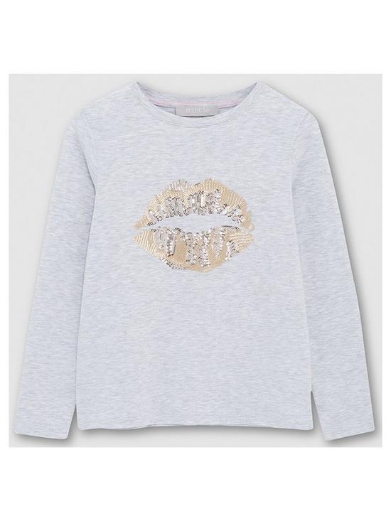 front image of mintie-by-mint-velvet-girls-sequined-lips-long-sleeve-t-shirt-grey