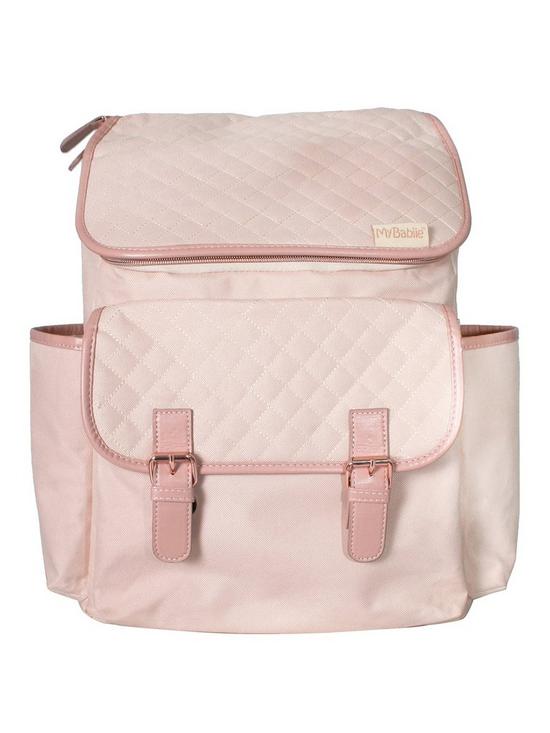 front image of my-babiie-billie-faiers-blush-backpack-changing-bag